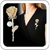 Zeshimb Rhinestone Pearl Flower Brooch Pin CZ Diamond Rose Flower Brooch Cute Gold Flower Plant Lapel Pin Elegant Imitation Pearl Safety Pin Corsage Badges Jewelry for Women