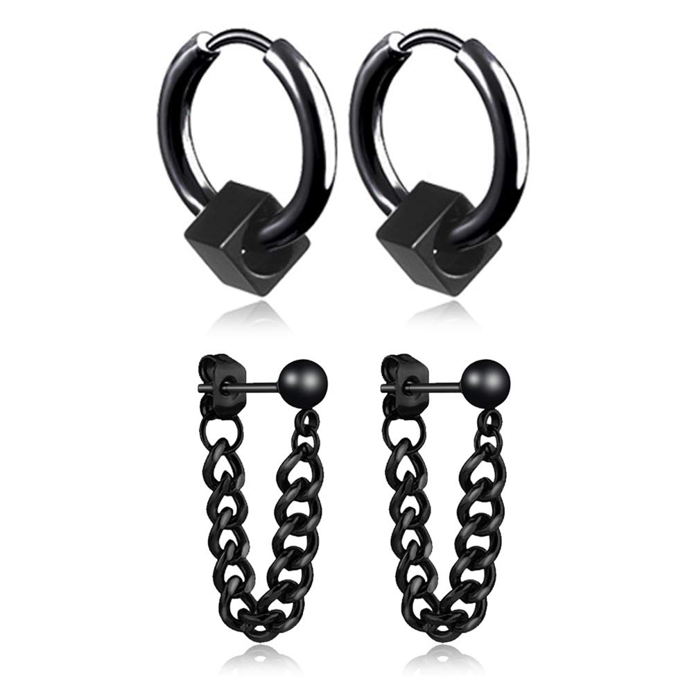 Mens Hoop Earrings With Cross Feather Cone Ball Chain Dangle Black Silver 316L Stainless Steel Punk Hip Hop Rock Gothic Style Kpop Earrings For Men Women (Black-2) — image 1