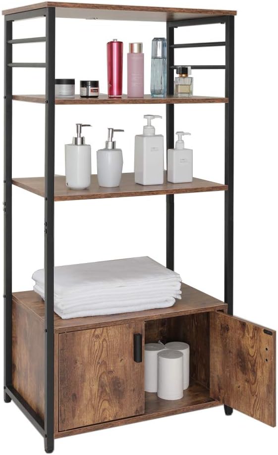 IWELL Tall Kitchen Baker's Rack with Storage Cabinet & 8 Hooks, Microwave Stand with 3 Shelves, Microwave Cabinet with Storage, Cupboard, Sideboard, Utility Storage Shelf for Kitchen, Brown - Standing Baker's Racks