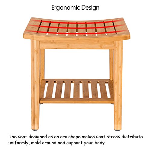 Giantex 18'' Bamboo Shower Bench Seat w/ Storage Shelf Bathroom Seat Spa Bath Organizer Stool Perfect for Indoor Outdoor - Thumbnail 5