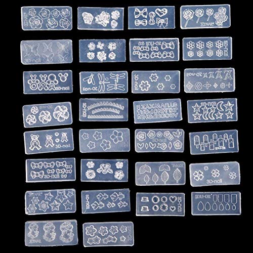 ForU-1 Nail Art Acrylic Mold 30Pcs Mix Design DIY 3D Silicone Nail Art Acrylic Cabochon Mold Set （A）