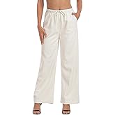 HDE Womens Linen Pull On Drawstring Pants High Waist Wide Leg Palazzo Beach Trouser Flowy Casual Summer Pants with Pockets