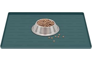 ULTIBE Dog Food Mat, Silicone Dog Mat for Food and Water, 16" x 10" Large Dog Feeding Mat, Waterproof Dog Cat Bowl Mat with Edges to Prevent Water Food Spills, Nonslip Pet Food Mats for Floors, Dark Green