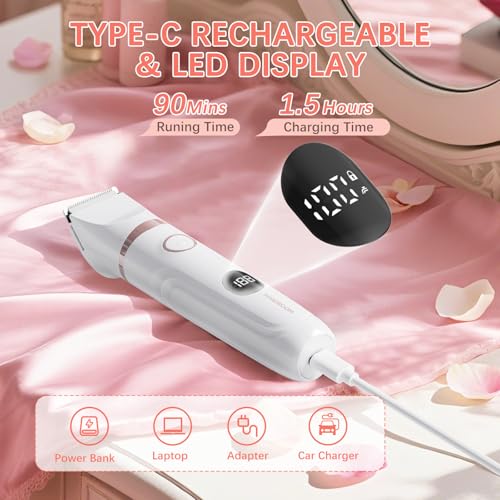 MAXGROOM 3 in 1 Lady Shaver for Women, Wet & Dry Electric Razor, IPX6 Waterproof Bikini Trimmer for Pubic Hair, LED Display, Hypoallergenic for Sensitive Skin, Facial Legs Underarms Body Groomer