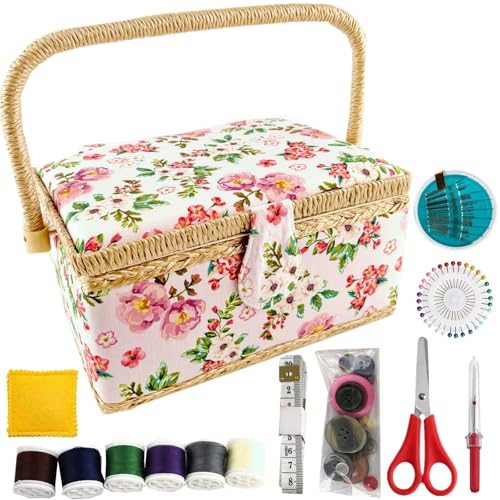 NROZIET Sewing Basket for Sewing Supplies, Wooden Sewing Kit Storage Box with Accessories, Vintage Sewing Kits Carrying Organizer with Handle for Embroidery, DIY Supplies, Beginner, Professional