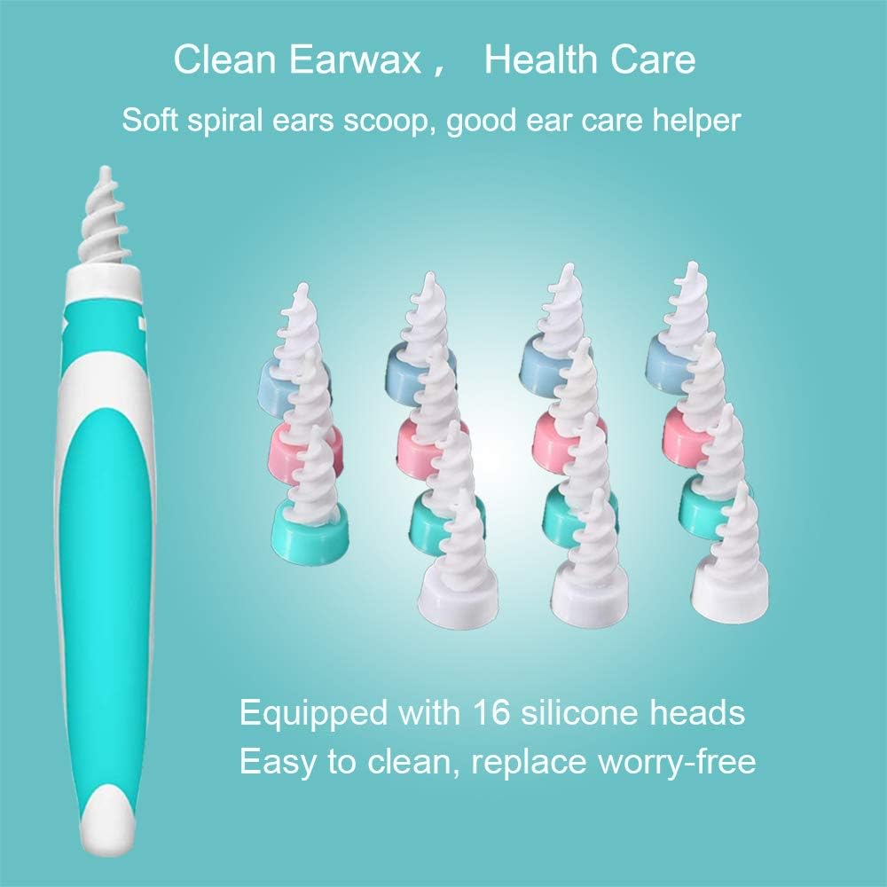 Earwax Cleaner, Ear Wax Removal Tool, Soft Silicone Ear Cleaning Kit, Ear Spiral Cleaner with 16 Replacement Heads for Adults and Kids, Q Grips Earpick Kit Soft and Flexible Hygienic (Green): Health & Personal Care