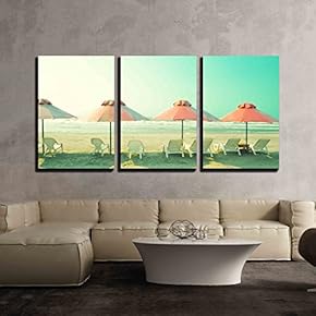 3 Piece Canvas Wall Art - Pink Beach Umbrellas - Modern Home Art Stretched and Framed Ready to Hang - 16"x24"x3 Panels