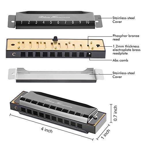 Blues Harmonica with Black Case, 10 Holes, 20 Tones, Key of C Blues Harmonica Stainless Steel (Black), Suitable for Beginners and Professionals Players, Best Gift for Kids, Students, Friends harmonica - Thumbnail 2
