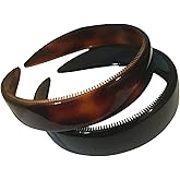 Parcelona French (Set of 2) Wide 1 Inch Tortoise Shell Brown and Black Hair Headbands with Inner Teeth Nibs