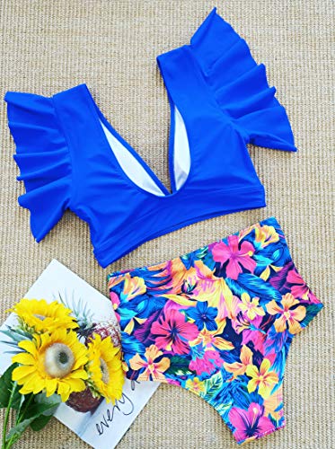 Women's Tropical Print Two Piece Swimsuit - Ruffle High Waisted Push Up Bathing Suit
