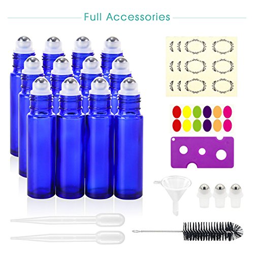 12,10ml Roller Bottles for Essential Oils - Cobalt Blue, Glass with Stainless Steel Roller Balls by Mavogel ( 3 Extra Roller Balls, 30 Pieces Labels, Opener, Funnel, Dropper, Brush Included)