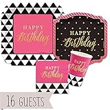 Chic Happy Birthday - Pink, Black with Gold Foil - Party Tableware Plates, Cups, Napkins - Bundle for 16