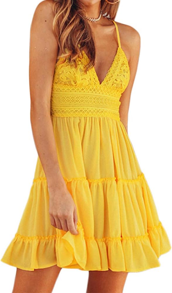 Women's Spaghetti Strap Bowknot Backless Lace Mini Skater Dress Deep V-Neck Backless Sleeveless Swing Beach Dress Bohemian Style Summer Short Dress
