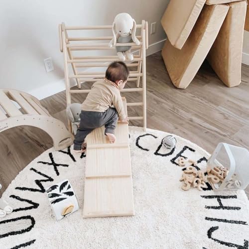 Lorena Canals Washable ABC rug for children's room or bedroom in natural/black. Handmade in round shape with cotton and non-toxic dyes - Ø150cm