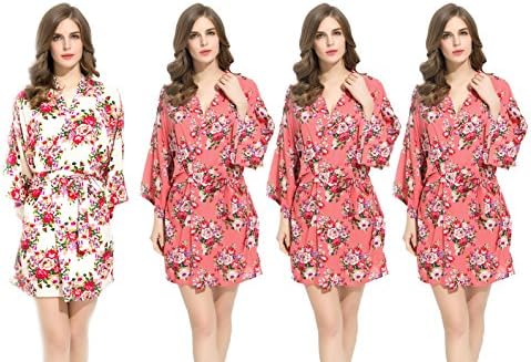 Floral Cotton Bridesmaids Robes 3 Coral & 1 White Wedding Bride by Endless Envy