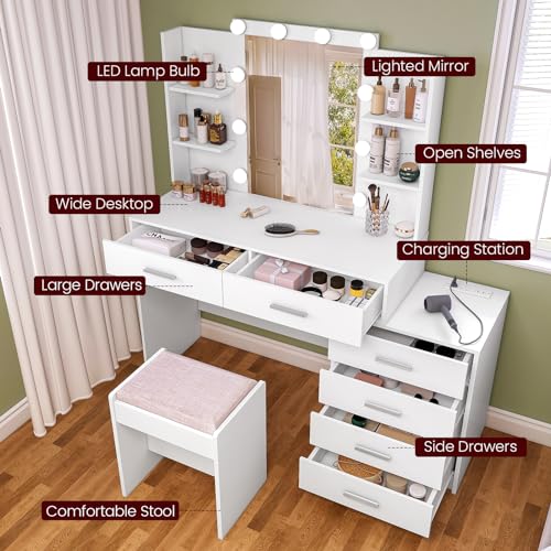 TEENFON 48” W Vanity Desk Set with Stool, Makeup Vanity with Mirror & Power Outlet, 6 Drawers, 6 Open Shelves, Vanity Table with 3 Light Color for Women, White