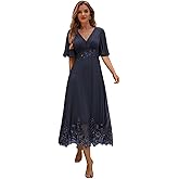 RSOETOO Tea Length Mother of The Bride Dresses for Women Lace Beaded Formal Evening Mother Groom Dress with Sleeves RON024