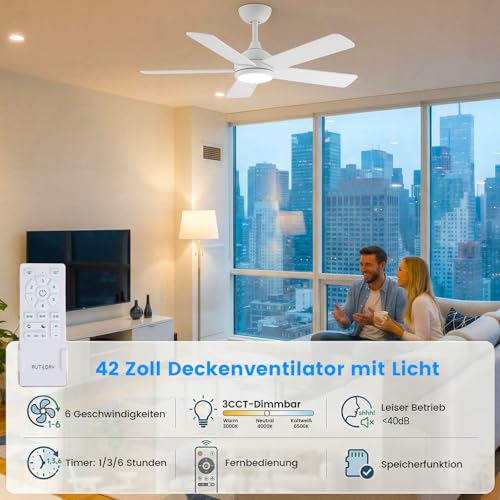 AUTODAY Ceiling Fan with Light, Dimmable LED 24W, Quiet DC Motor 32W, 106cm, Two-tone Plywood Blades, Remote Control with Memory Function, 6 Speed Levels, White