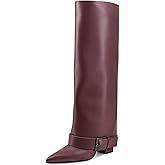 GPXGPX Knee High Boots Women Fold Over Chunky High Heel Wide Calf Pointed Toe Boots Belt Buckle Fall Long Boot for Women
