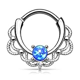 Stainless Steel Lacey Single Opal 16g Septum Clicker Ring - Choose Blue, White, Pink or Purple Synthetic Opal (Blue)