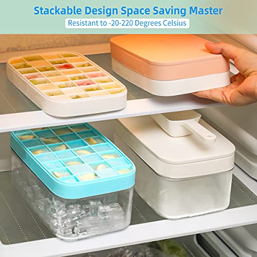 Ice Cube Trays With Lid And Bin - Silicone Ice Cube Tray For Freezer Bpa Free - Ice Molds Bucket - Ice Box Holder Comes With Ice Container (Dark Blue, Silicone suits-32 cubes)