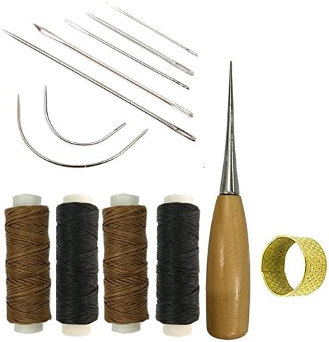 Leather Craft Tool 7 Pieces Curved Upholstery Carpet Canvas Hand Sewing Needles with Leather Waxed Thread Cord 2 Brown 2 Black and Drilling Awl and Thimble for Leather Repair