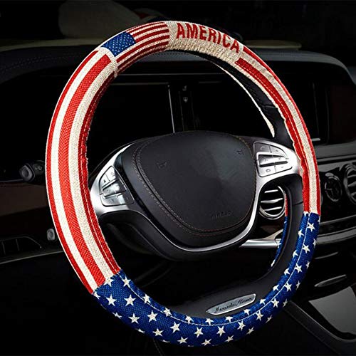 Evevik US America Flag Flax Cloth Universal Car Steering Wheel Cover fits for Truck,Cars38cm Non-Slip Comfortable 15