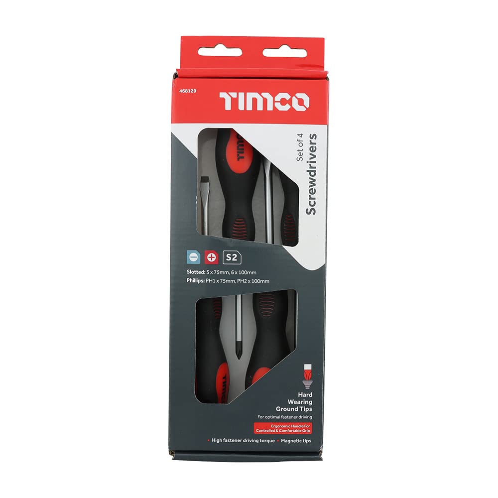 TIMCO Screwdriver Set - Assorted Sizes - 4 Screwdrivers - Ergonomic Handles for an Extra Soft Grip - Magnetic Tips to Assist with Easy Installation - S2 Hardened Carbon Steel, Slotted Screwdrivers