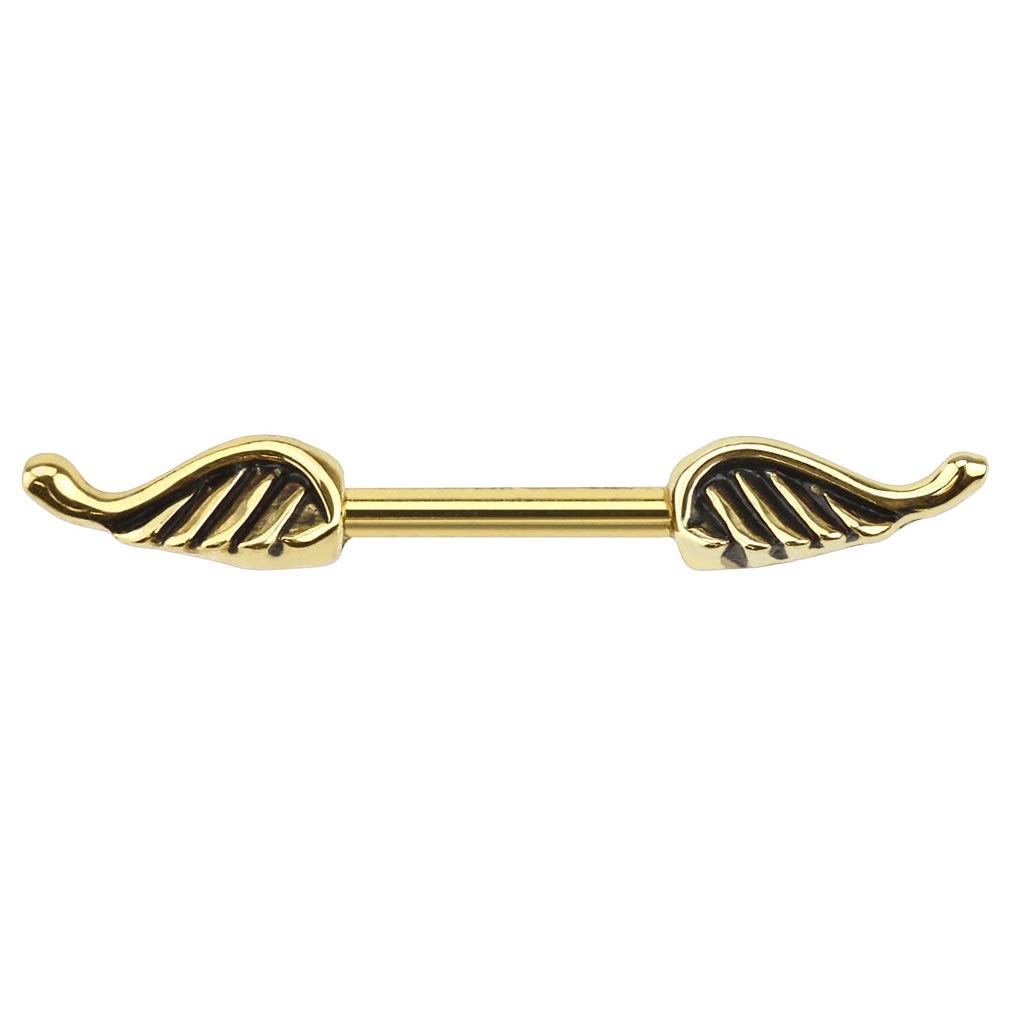 PiercedOff Gold Tone Nipple Bar with Black Striped Angel Wings