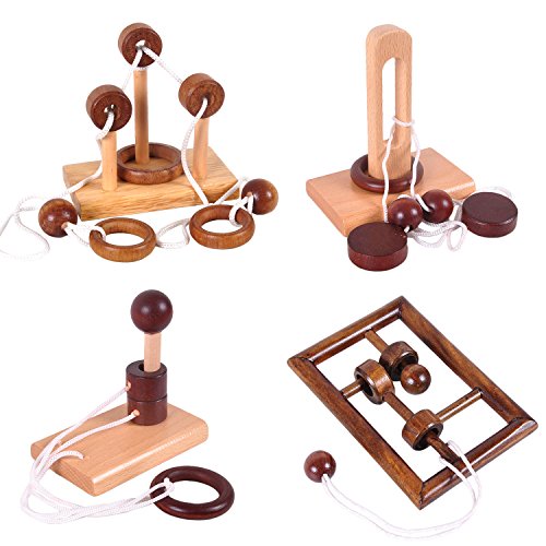 KINGOU 4 Pack Classical Wooden Puzzle Set Solution Rope Central Brain Teaser for Adults Game
