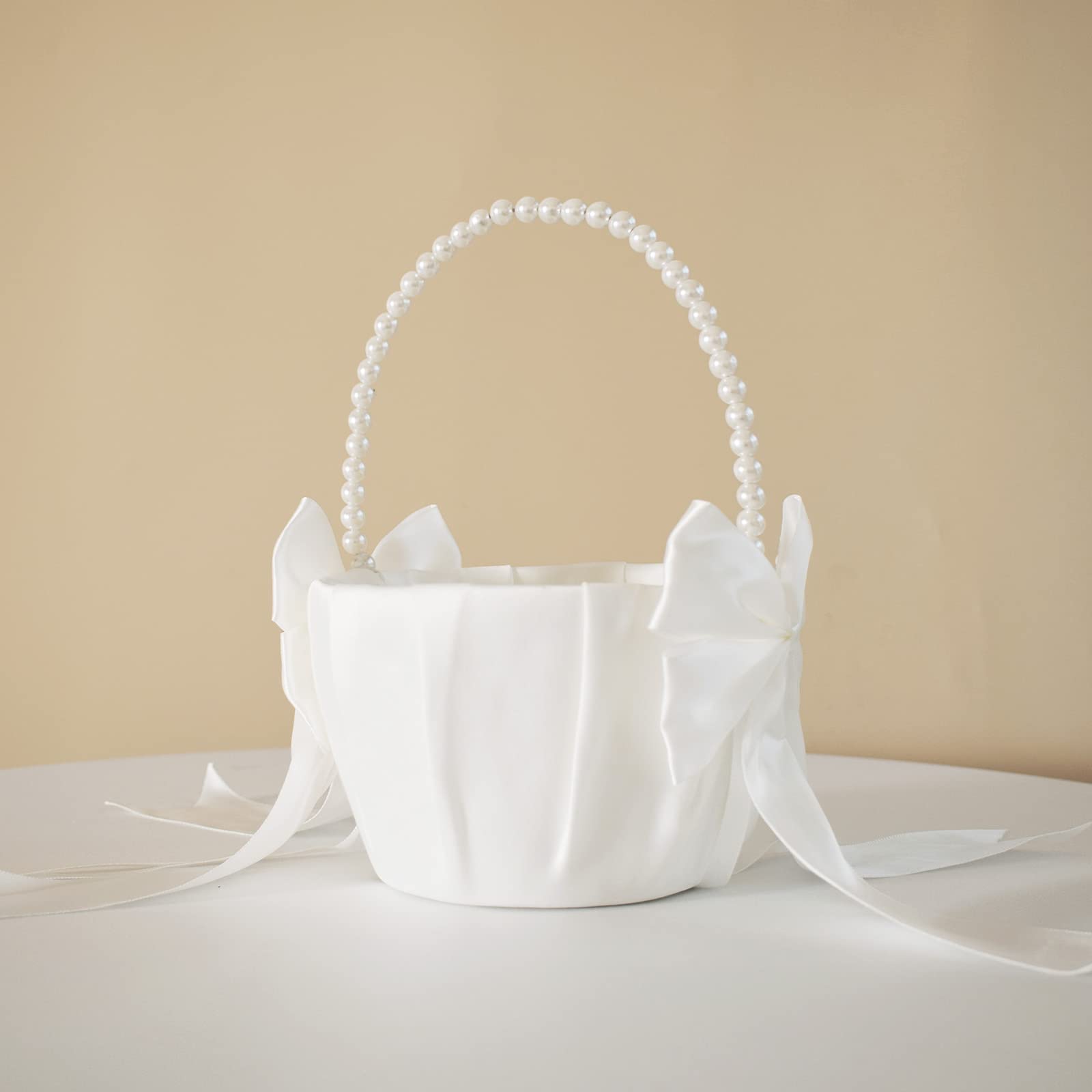 Wedding Flower Girl Basket with Cute Pearl Handle Bowknot Satin Flower Baskets for Wedding Ceremony - Ivory
