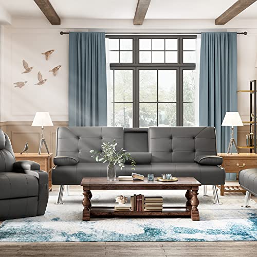 JUMMICO Futon Sofa Bed Faux Leather Couch Bed Modern Convertible