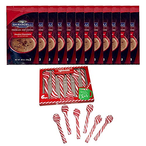 Ghirardelli Chocolate, Double Chocolate Premium Hot Cocoa packets (12) + Peppermint Flavored Candy Cane Spoons (12) Bundle