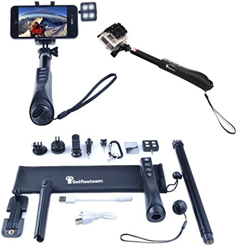The Ultimate Deluxe Selfiesteem Selfie Stick Kit for iPhone and Android Smart phones GoPro Digital Cameras with 2 in 1 Macro Lens Fish Eye Lens Tripod Bluetooth Remote LED Selfie light