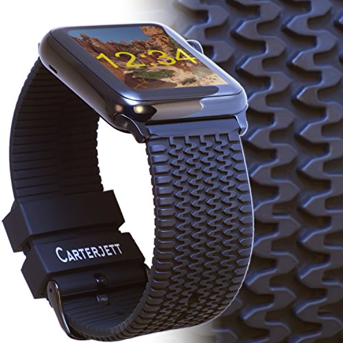 Apple Watch Band 38mm Black TIRE TREAD iWatch Band Silicone Rubber Sport by CARTERJETT with Space Black Adapters and Classic Buckle for Nike, Edition, Series 2, 1, Nike & Sport Apple Watches