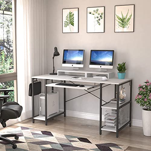 White Desk With Keyboard Tray And Storage Shelves, Modern Computer