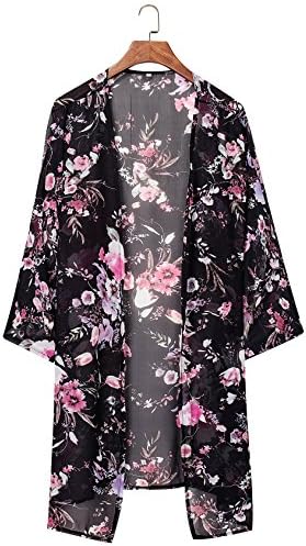 Sakananiki Women's Floral Cover Up Chiffon Kimono Cardigan Blouse Beachwear (XL, Black)