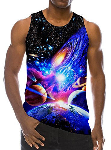 RAISEVERN 3D Galaxy Print Funny Pattern Realistic Underwaist Gym Tank Tops for Men,Galaxy Planet,Medium