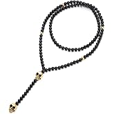 COOLSTEELANDBEYOND Gothic Style Mens Womens Black Onyx Beads Y Chain Necklace with Gold Steel Skull