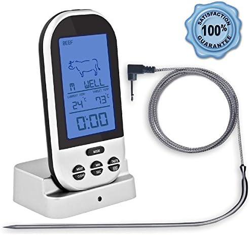 Digital Cooking Thermometer; Food Grade Stainless Steel Single Probe; Wireless Remote Control and Timer; Best for Meat, Poultry or Fish; Roast, Smoke or Bake; Barbecue Pit, Steak Grill or Kitchen Oven