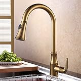 KES Brass Pull Down Kitchen Faucet Modern Single Large Tall Commercial Pullout Bar Sink Faucet with Swivel High Arc Gooseneck Pulldown Sprayer Head Polished Gold Finish, L6936-4