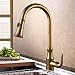 KES Brass Pull Down Kitchen Faucet Modern Single Large Tall Commercial Pullout Bar Sink Faucet with Swivel High Arc Gooseneck Pulldown Sprayer Head Polished Gold Finish, L6936-4