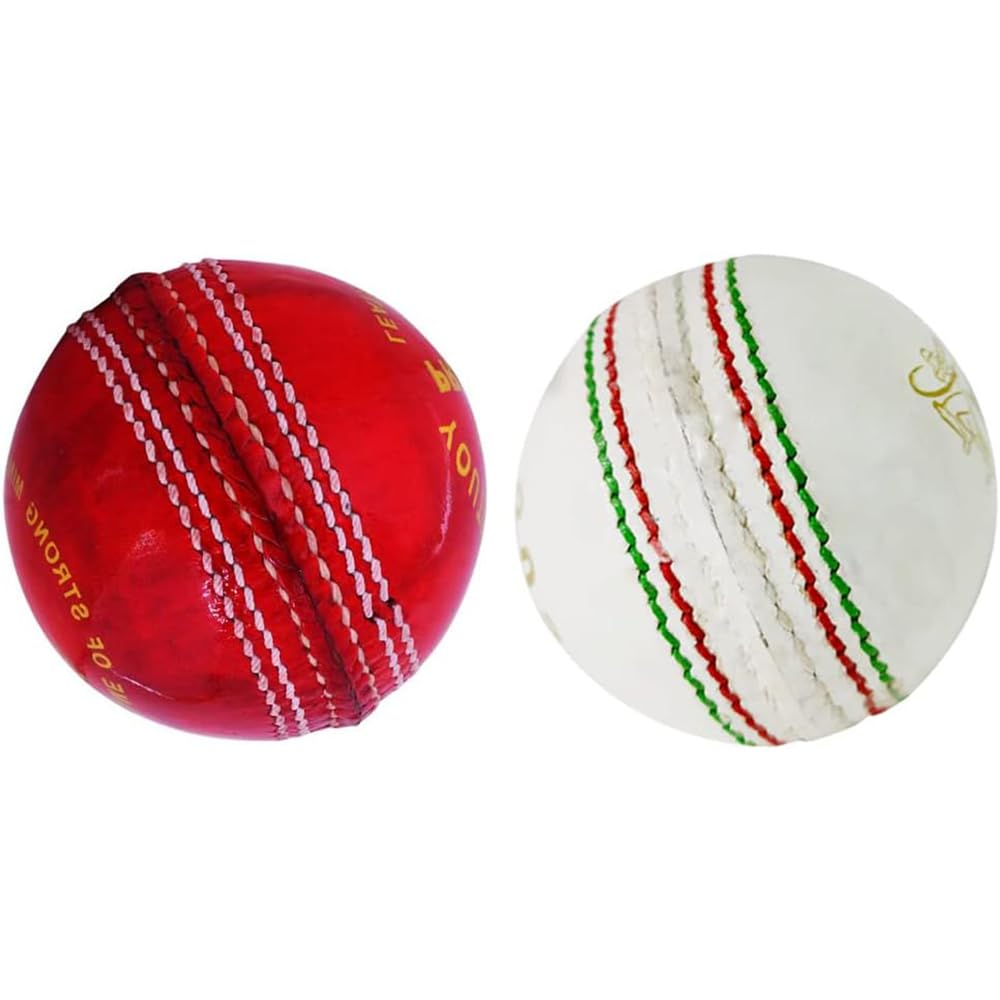 Kosma Set of 2 Leather Cricket Balls | Standard Size - 5.5 oz / 156 grams | Vegetable Tanned Leather Balls for Cricket Practice | White & Red Colour