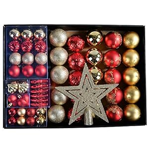 YILEEY Weihnachtskugeln Weihnachtsdeko Set Rot und Gold 68 STK in 14 Farben, Kunststoff Weihnachtsbaumkugeln Box mit…