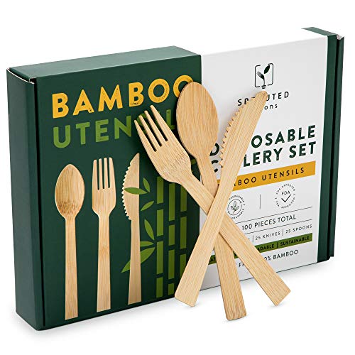 Disposable Bamboo Utensils, Pack of 100 Durable Picnic Utensils Set