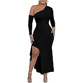 ENOPINK Women's One Shoulder Long Sleeve Formal Cocktail Wedding Guest Maxi Dresses Sexy High Slit Bodycon Evening Gowns
