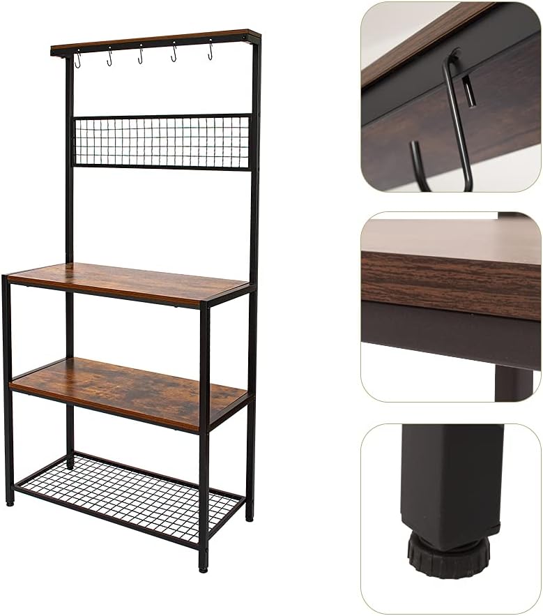 AZ L1 Life Concept Bakers Industrial Kitchen Rack Cupboard with 10 Hooks, Mesh Panel, 3 Shelves, and Adjustable Feet, for Microwave Oven Cooking Utensils, 33.1inches, Rustic Brown/33: Furniture & Decor