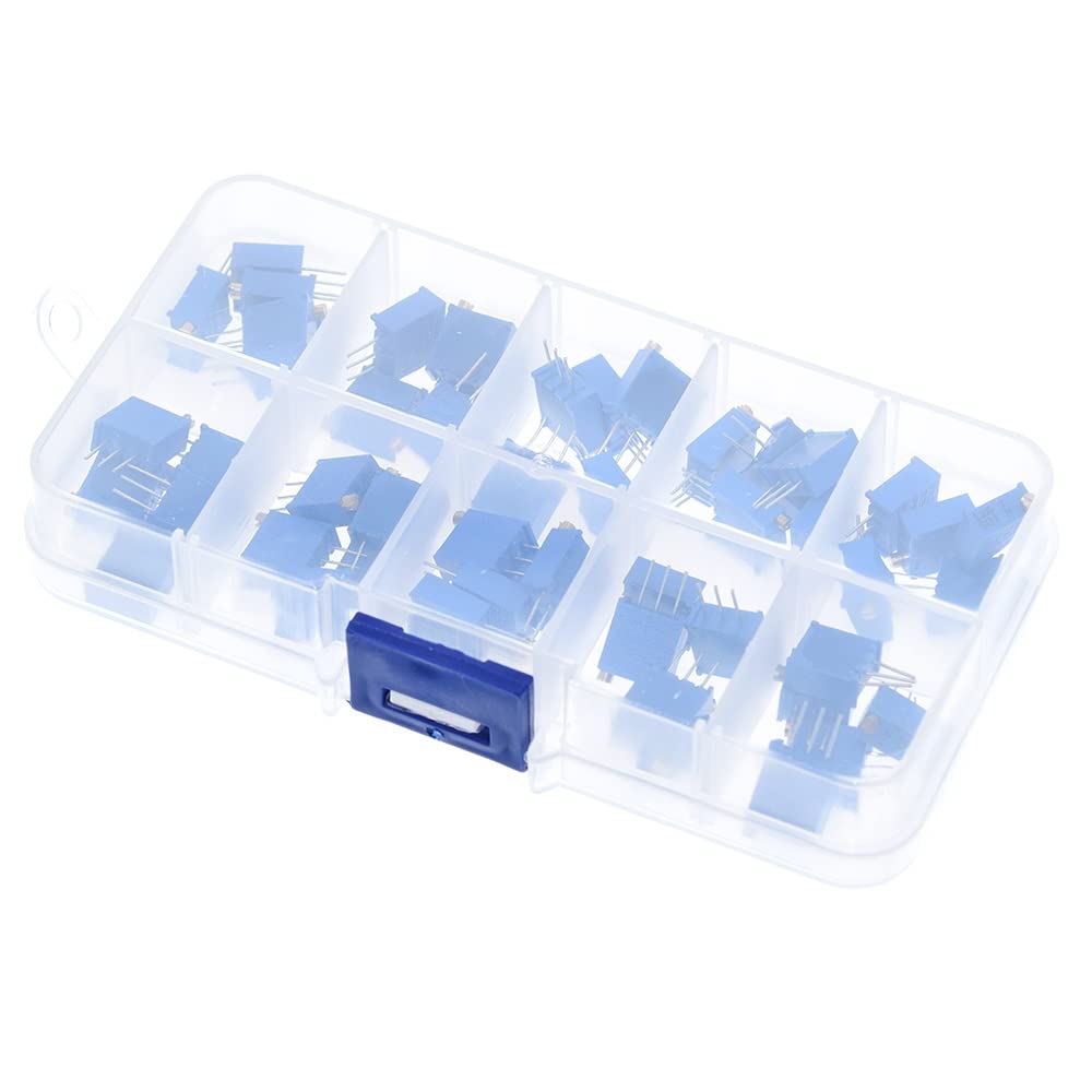 DollaTek 50PCS 10Value 500 ohm to 1M ohm 3296W Multiturn Trimmer Potentiometer Assorted Kit Variable Resistor with Plastci Box