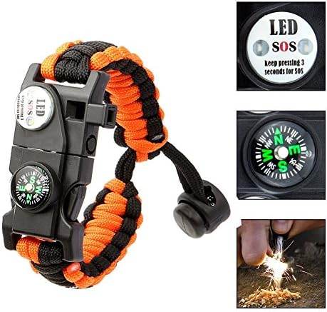 Survival Bracelet - Denkonni Survival Paracord Bracelet 20 in 1 Survival Gear Kit Adjustable Rope with Waterproof SOS LED Light Emergency Knife Fire Starter Whistle Compass for Camping Climbing