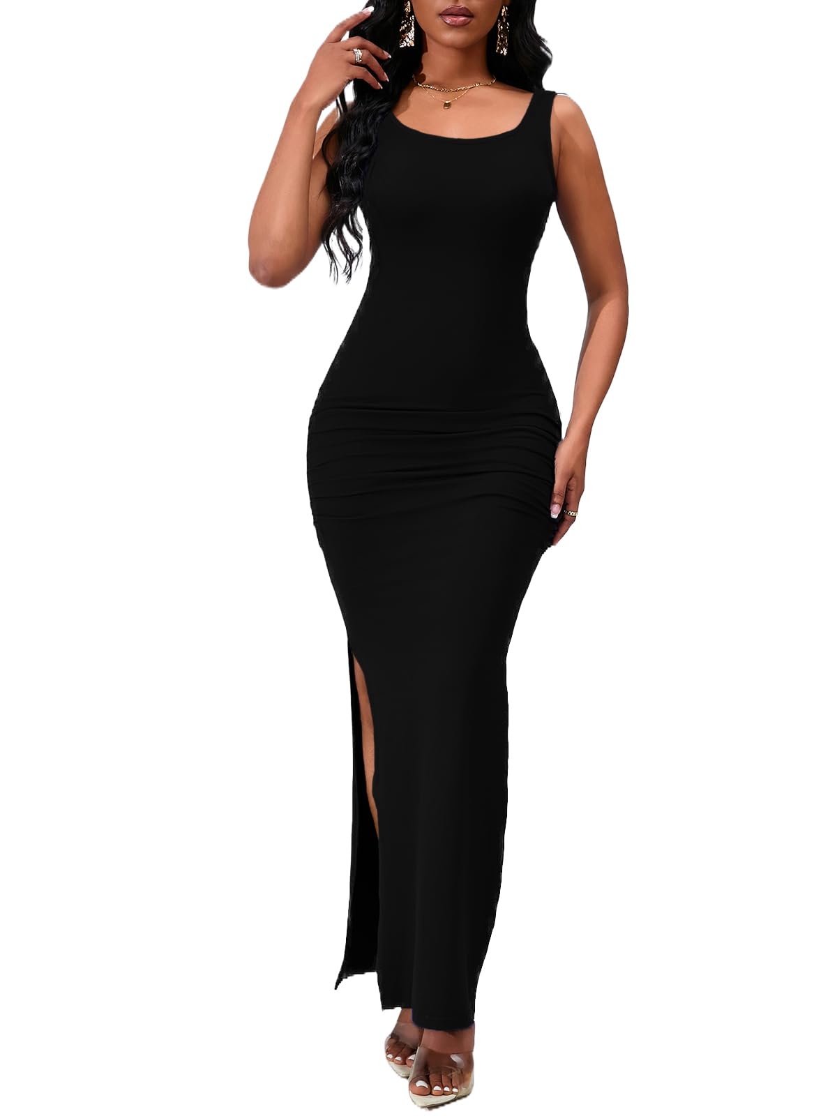 Photo 1 of Black Casual Dresses for Women Summer Sleeveless Tank Bodycon Long Dress Square Neck Split Beach Party Vacation Maxi Dress,Large